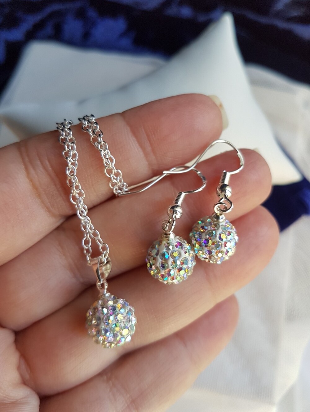Swarovski Elements 925 Sterling Silver Aurora Borealis Disco Ball Necklace NEW - Picture 13 of 16